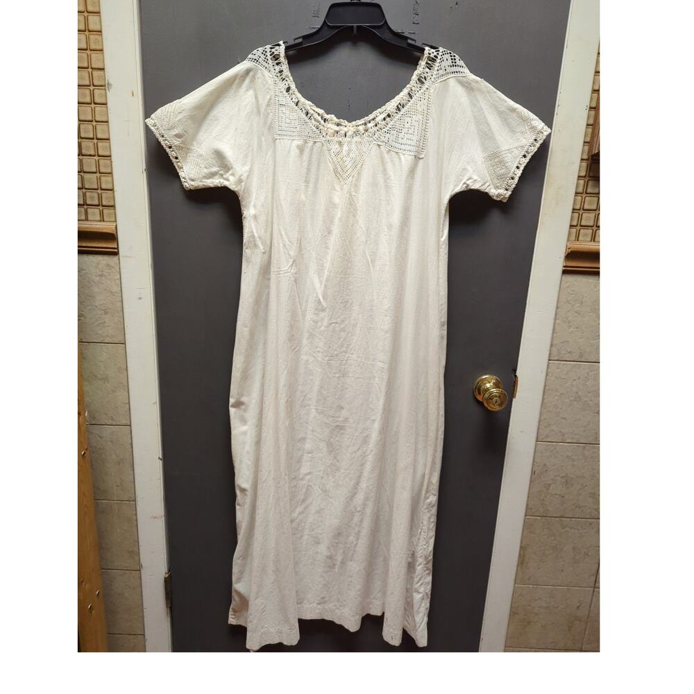 Antique Edwardian Nightgown White Cotton Dressing Gown Crocheted Bodice Large
